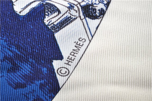 Authentic HERMES Carre POINTU Triangle Scarf "Regarde" Silk White Blue 3872E