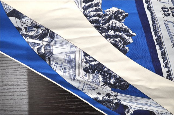 Authentic HERMES Carre POINTU Triangle Scarf "Regarde" Silk White Blue 3872E