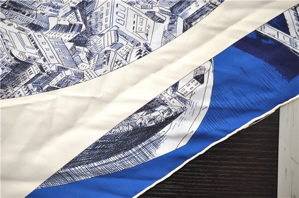 Authentic HERMES Carre POINTU Triangle Scarf "Regarde" Silk White Blue 3872E