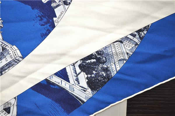 Authentic HERMES Carre POINTU Triangle Scarf "Regarde" Silk White Blue 3872E