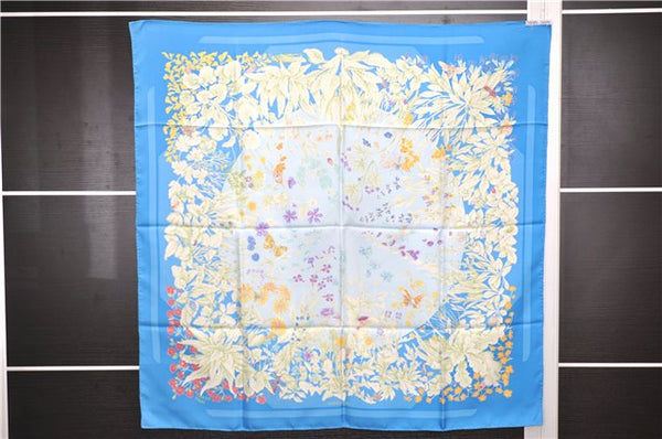 Authentic HERMES Carre 90 Scarf "LA PRAIRIE" Silk Blue 3884E