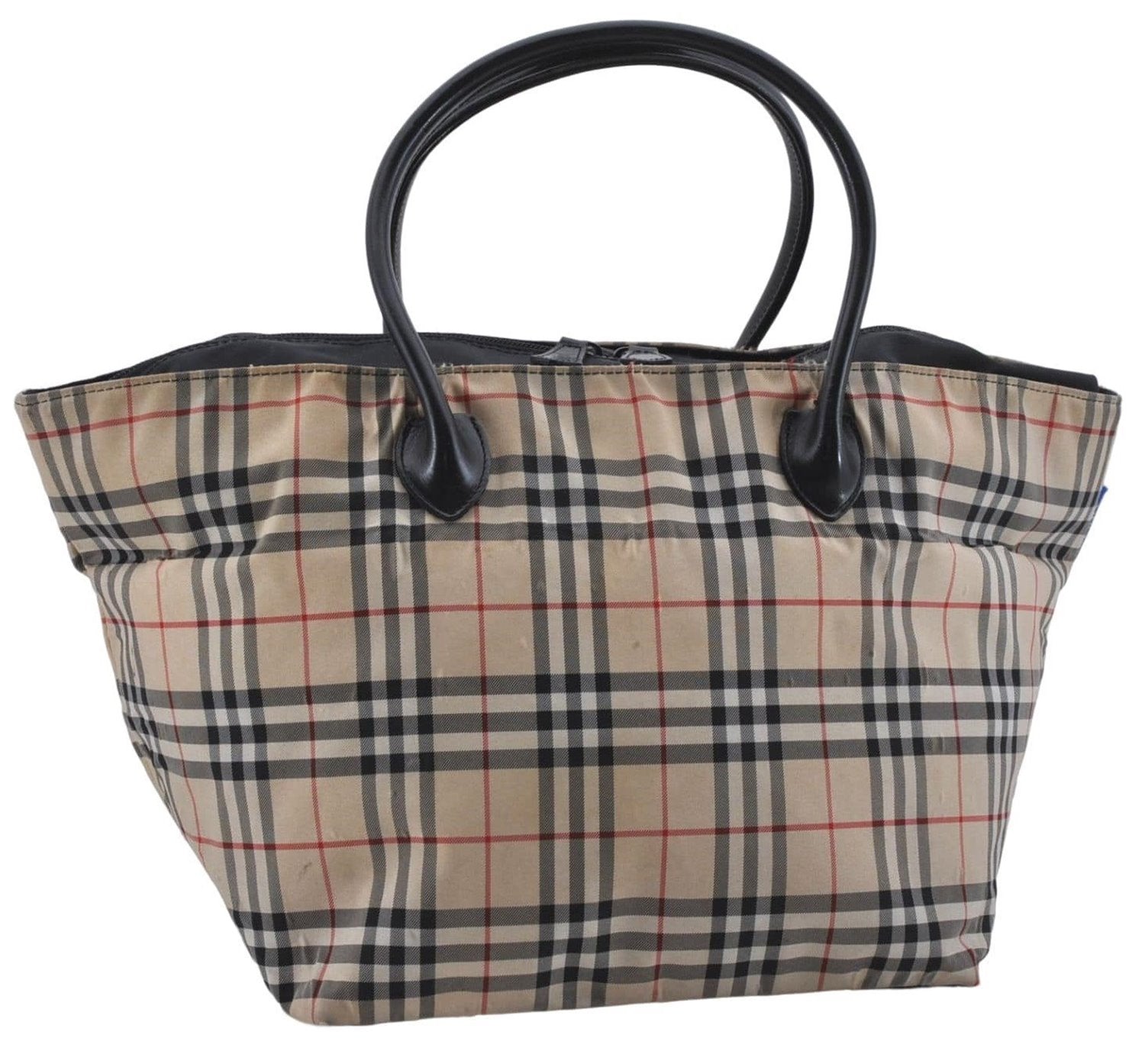 Authentic BURBERRY BLUE LABEL Check Shoulder Tote Bag Nylon Leather Beige 3891D