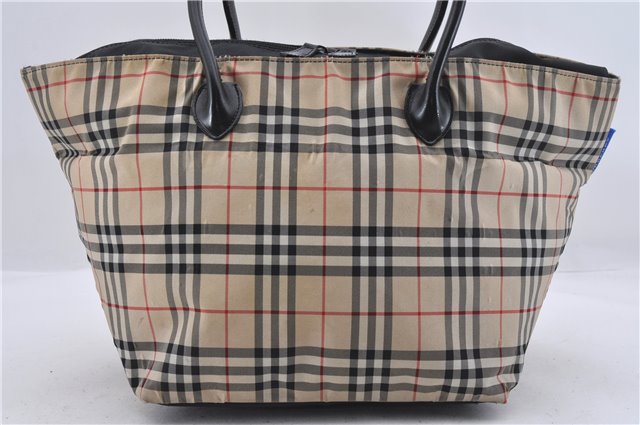 Authentic BURBERRY BLUE LABEL Check Shoulder Tote Bag Nylon Leather Beige 3891D