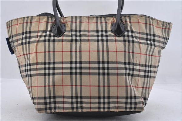 Authentic BURBERRY BLUE LABEL Check Shoulder Tote Bag Nylon Leather Beige 3891D