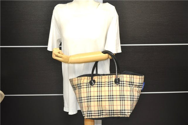 Authentic BURBERRY BLUE LABEL Check Shoulder Tote Bag Nylon Leather Beige 3891D