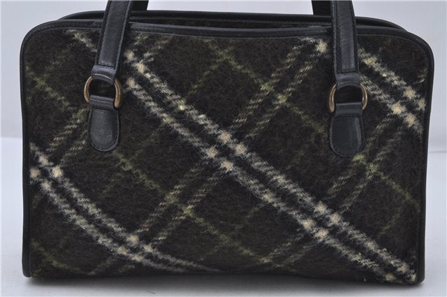 Auth BURBERRY BLUE LABEL Check Shoulder Hand Bag Wool Leather Khaki Green 3892D