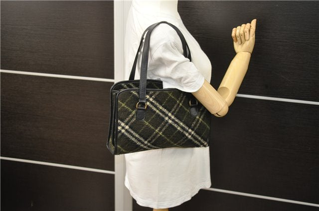 Auth BURBERRY BLUE LABEL Check Shoulder Hand Bag Wool Leather Khaki Green 3892D