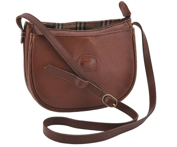 Authentic Burberrys Vintage Leather Shoulder Cross Body Bag Purse Brown 3893D