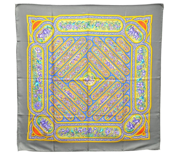 Authentic HERMES Carre 90 Scarf "QALAMDAN" Silk Gray 3911D