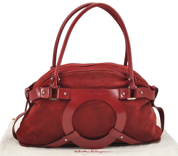 Authentic Salvatore Ferragamo Gancini Suede Leather Shoulder Hand Bag Red 3914I