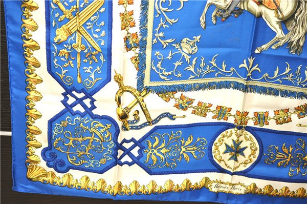 Authentic HERMES Carre 90 Scarf "LVDOVICVS MAGNVS" Silk Blue 3917D