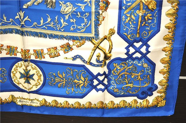 Authentic HERMES Carre 90 Scarf "LVDOVICVS MAGNVS" Silk Blue 3917D