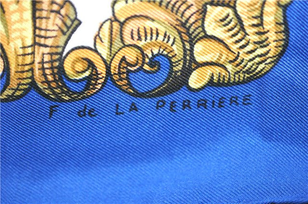 Authentic HERMES Carre 90 Scarf "LVDOVICVS MAGNVS" Silk Blue 3917D