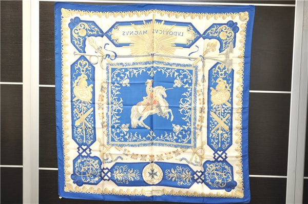 Authentic HERMES Carre 90 Scarf "LVDOVICVS MAGNVS" Silk Blue 3917D