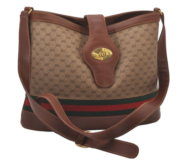 Auth GUCCI Web Sherry Line Micro GG Shoulder Bag PVC Leather Brown Junk 3917I