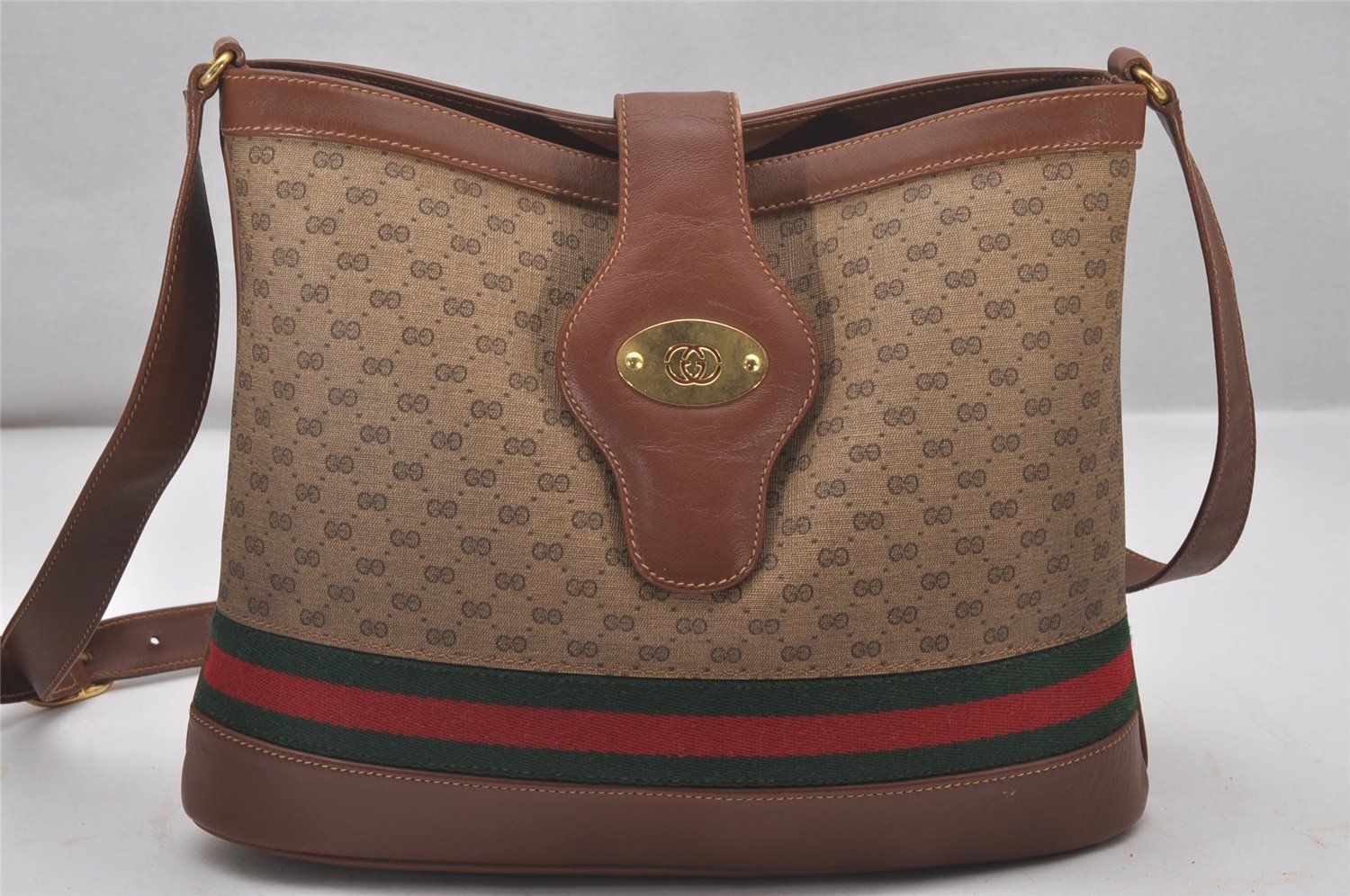 Auth GUCCI Web Sherry Line Micro GG Shoulder Bag PVC Leather Brown Junk 3917I