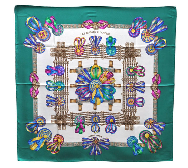 Authentic HERMES Carre 90 Scarf "LES RUBANS DU CHEVAL" Silk Green 3918D