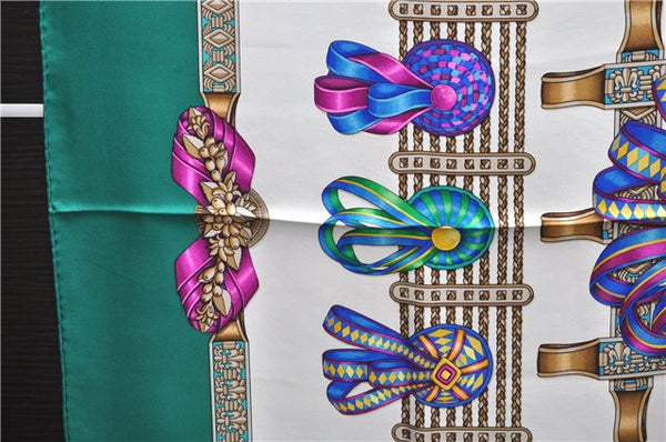 Authentic HERMES Carre 90 Scarf "LES RUBANS DU CHEVAL" Silk Green 3918D