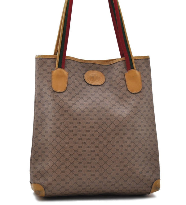 Auth GUCCI Web Sherry Line Micro GG Shoulder Tote Bag PVC Leather Brown 3922C