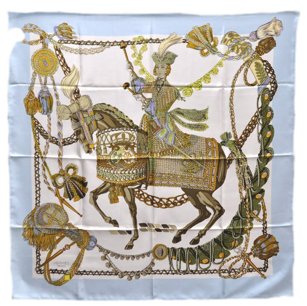 Authentic HERMES Carre 90 Scarf Horse Statue Motif Silk Light Blue 3924D