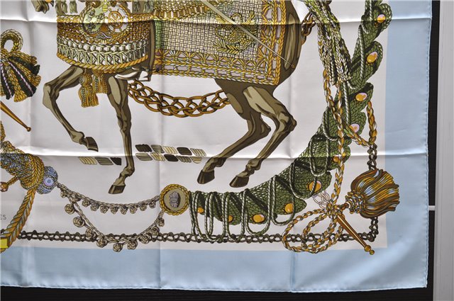 Authentic HERMES Carre 90 Scarf Horse Statue Motif Silk Light Blue 3924D