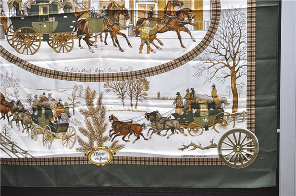 Authentic HERMES Carre 90 Scarf "L'HIVER EN POSTE" Silk Khaki Green 3928D