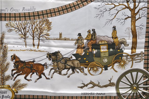 Authentic HERMES Carre 90 Scarf "L'HIVER EN POSTE" Silk Khaki Green 3928D