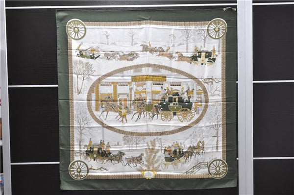 Authentic HERMES Carre 90 Scarf "L'HIVER EN POSTE" Silk Khaki Green 3928D