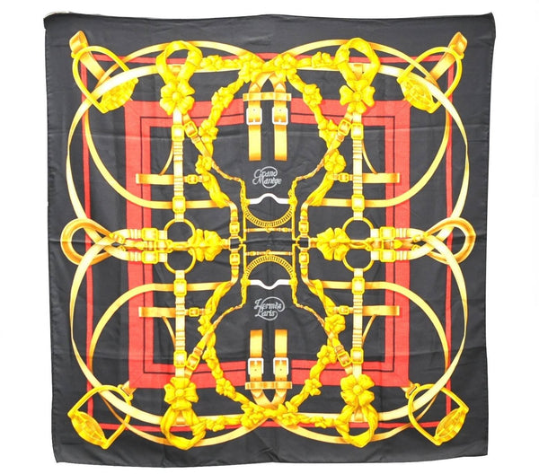 Authentic HERMES Carre 90 Scarf "Grand Manege" Silk Black 3930D