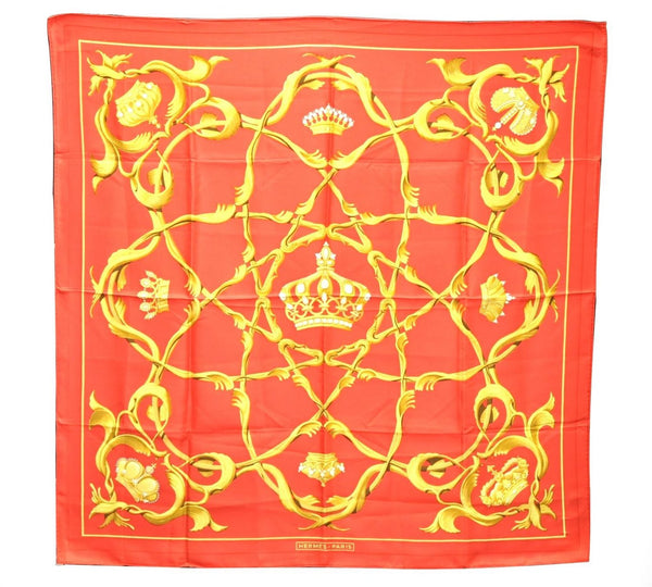 Authentic HERMES Carre 90 Scarf Crown Motif Silk Red 3931D