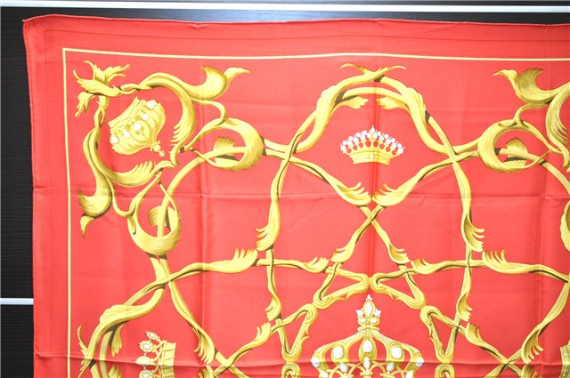 Authentic HERMES Carre 90 Scarf Crown Motif Silk Red 3931D