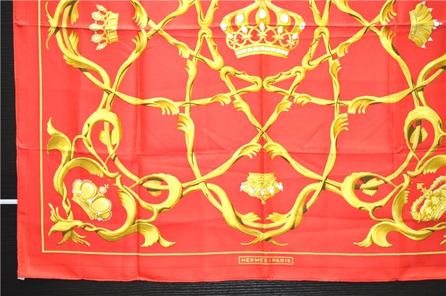 Authentic HERMES Carre 90 Scarf Crown Motif Silk Red 3931D