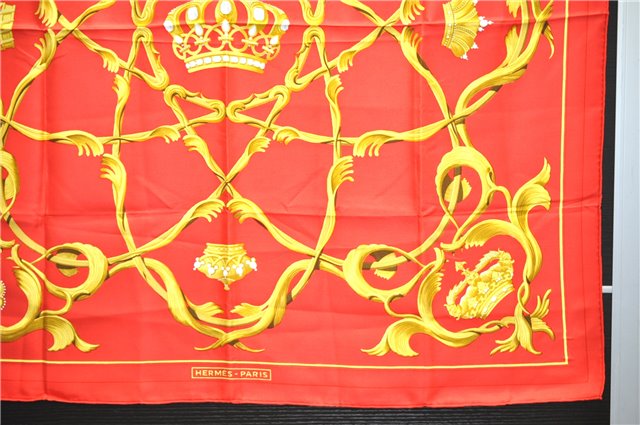 Authentic HERMES Carre 90 Scarf Crown Motif Silk Red 3931D