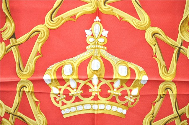 Authentic HERMES Carre 90 Scarf Crown Motif Silk Red 3931D