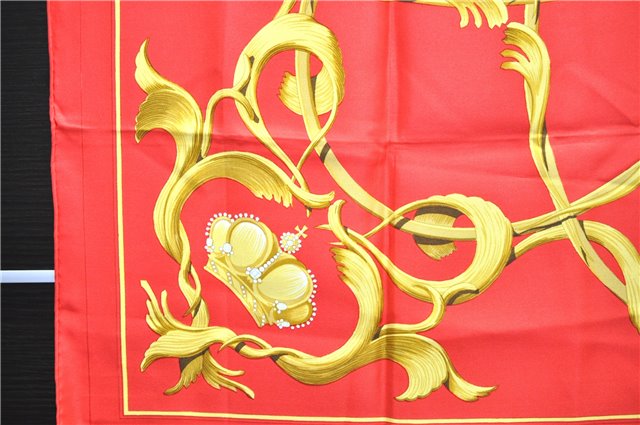 Authentic HERMES Carre 90 Scarf Crown Motif Silk Red 3931D