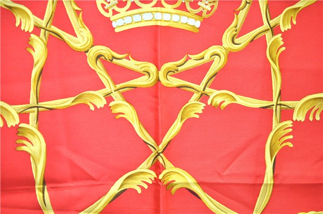 Authentic HERMES Carre 90 Scarf Crown Motif Silk Red 3931D