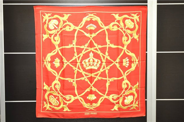 Authentic HERMES Carre 90 Scarf Crown Motif Silk Red 3931D