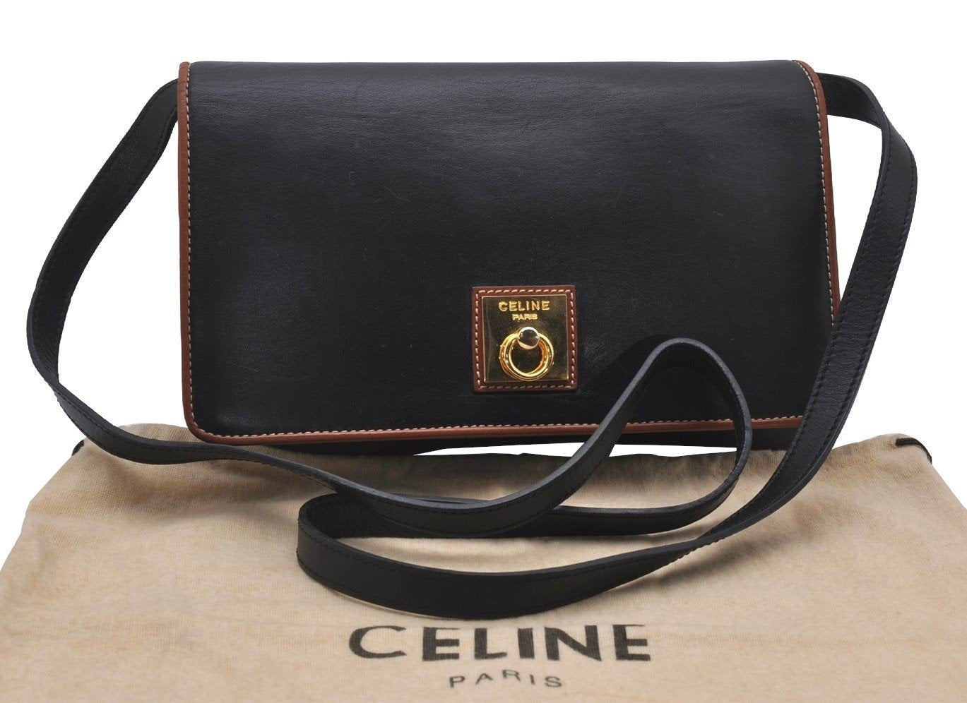 Authentic CELINE 2Way Shoulder Cross Body Clutch Bag Purse Leather Black 3934I