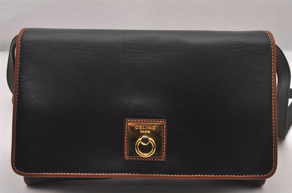 Authentic CELINE 2Way Shoulder Cross Body Clutch Bag Purse Leather Black 3934I