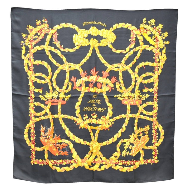 Authentic HERMES Carre 90 Scarf "LE SACRE du PRINTEMPS" Silk Black 3935D