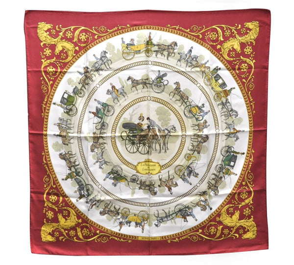 Authentic HERMES Carre 90 Scarf "LA PROMENADE DE LONGCHAMPS" Silk Red 3936D