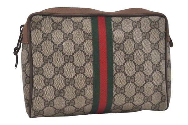 Authentic GUCCI Web Sherry Line Clutch Hand Bag Purse GG PVC Leather Brown 3936I