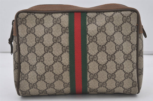Authentic GUCCI Web Sherry Line Clutch Hand Bag Purse GG PVC Leather Brown 3936I