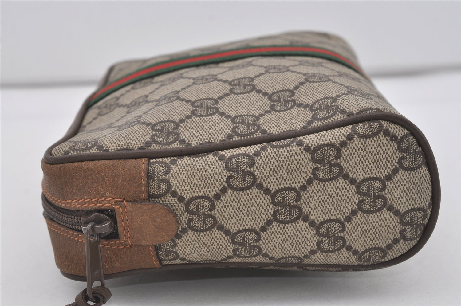 Authentic GUCCI Web Sherry Line Clutch Hand Bag Purse GG PVC Leather Brown 3936I