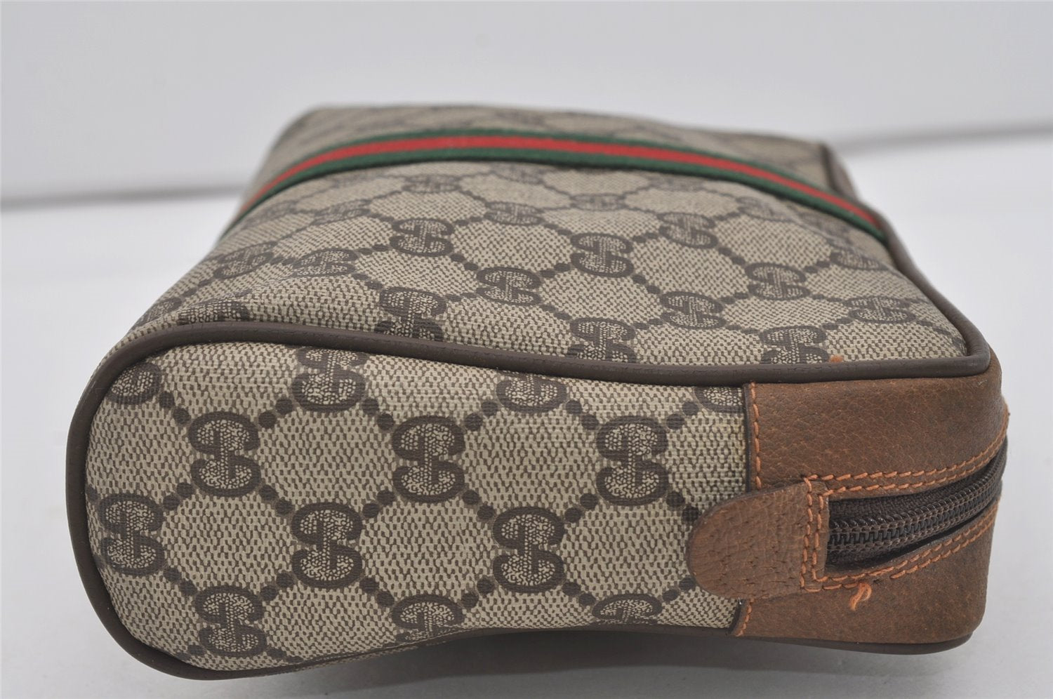 Authentic GUCCI Web Sherry Line Clutch Hand Bag Purse GG PVC Leather Brown 3936I