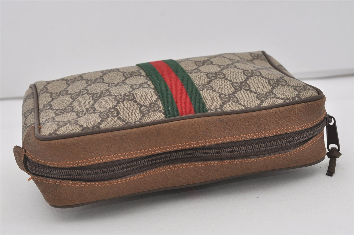 Authentic GUCCI Web Sherry Line Clutch Hand Bag Purse GG PVC Leather Brown 3936I