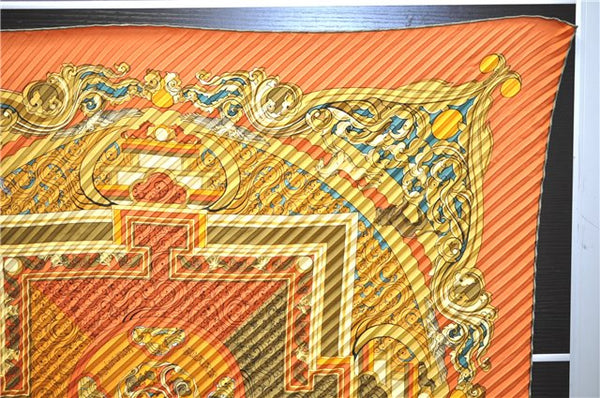 Authentic HERMES Pleats Scarf "ANIMAUX SOLAIRES" Silk Green Orange Box 3941D