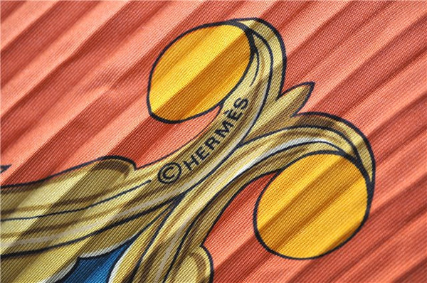 Authentic HERMES Pleats Scarf "ANIMAUX SOLAIRES" Silk Green Orange Box 3941D