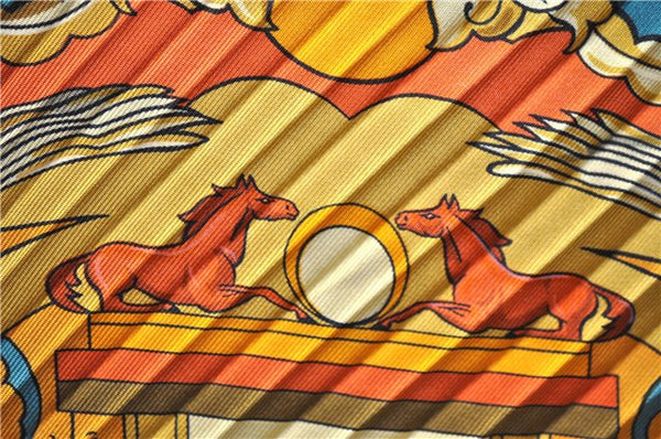 Authentic HERMES Pleats Scarf "ANIMAUX SOLAIRES" Silk Green Orange Box 3941D