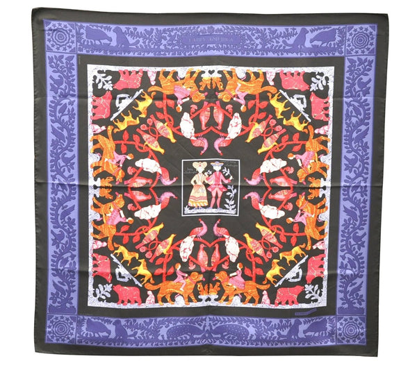 Authentic HERMES Carre 90 Scarf "EARLY AMERICA" Silk Black Box 3942D